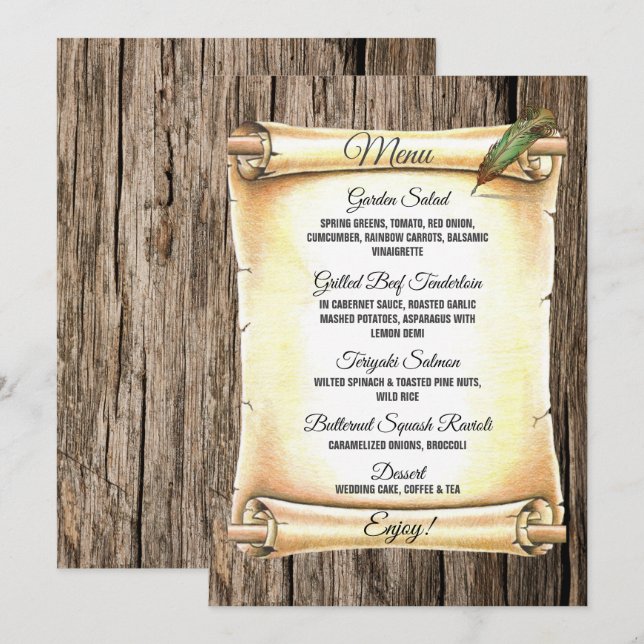 Einzigartige Scroll & Feather Pen Barnwood Wedding Menükarte (Vorne/Hinten)