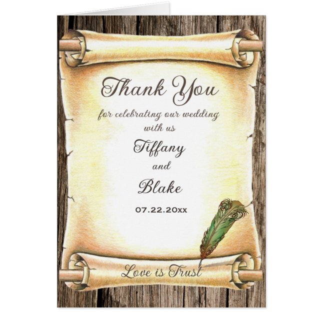 Einzigartige Scroll & Feather Pen Hochzeit Dankesc (Vorne)