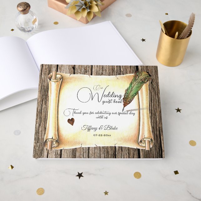 Einzigartige Scroll & Feather Pen Hochzeit Gästebuch (Vorderseite Offen)