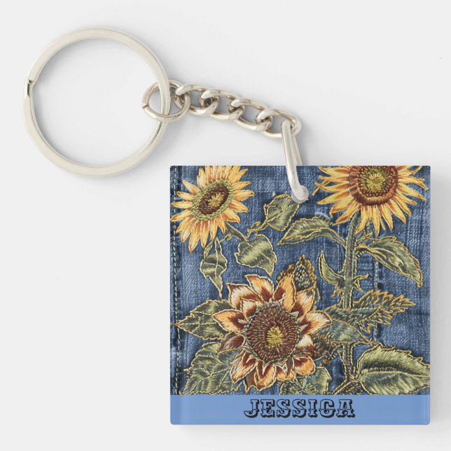 Einzigartige Sonnenblumen auf Denim Schlüsselanhänger (Vorderseite)