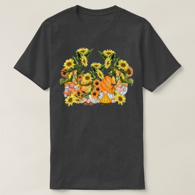 Einzigartige Sonnenblumen-Gnome-Hippies Blumengraf T-Shirt (Design vorne)