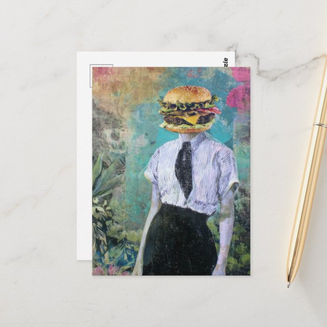 Einzigartige Surreal Cheeseburger Frau mit Pflanze Postkarte (Vorderseite/Rückseite Beispiel)