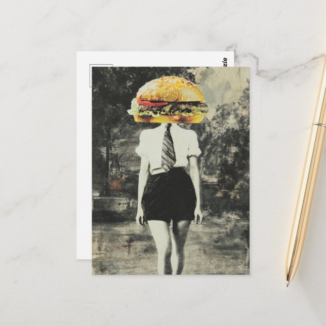 Einzigartige Surreal Cheeseburger Frau Mixed Media Postkarte (Vorderseite/Rückseite Beispiel)