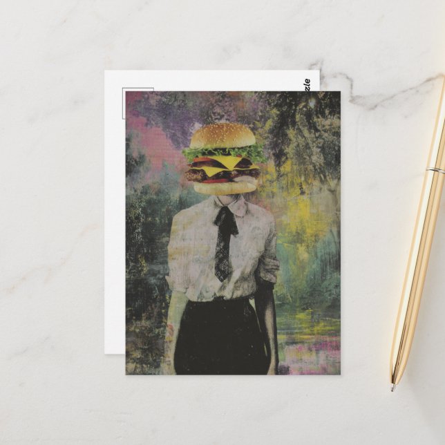 Einzigartige Surreal Cheeseburger Frau Mixed Media Postkarte (Vorderseite/Rückseite Beispiel)