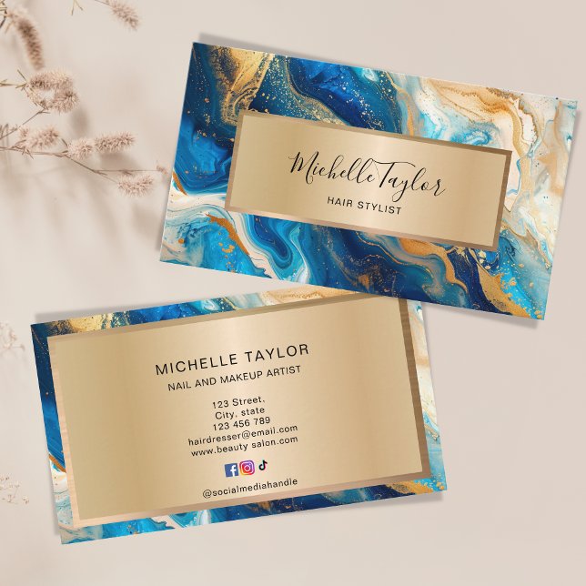 Einzigartige trendy Navy Gold Aquarell Social Medi Visitenkarte (elegant navy gold marble)
