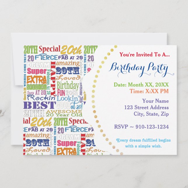Einzigartige und besondere 20. Geburtstagsgeschenk Einladung (Vorderseite)