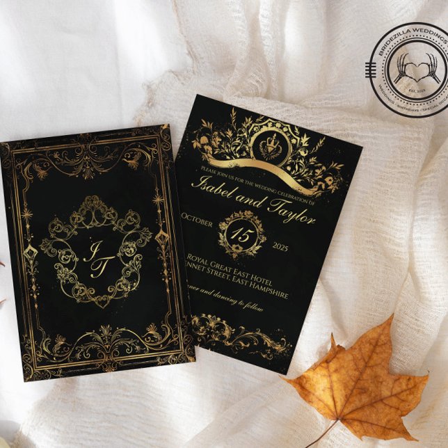 Einzigartige Vintage gotische Hochzeitseinladungen Einladung (Vintage Victorian-Gothic style wedding invitation with back and front side on a fabric background)
