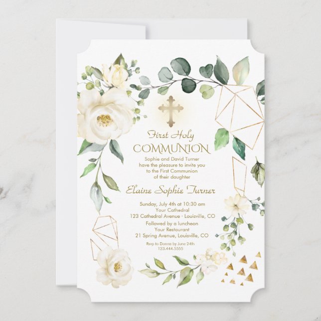 Einzigartige weiße Blume Gold Rahmen heilige Kommu Einladung (Vorderseite)