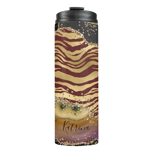 Einzigartiger Animal Print Agate Gold Glitzer Thermosbecher (Vorderseite)