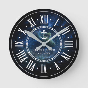Einzigartiger Anker mit Namen und Datum  Nautische Runde Wanduhr