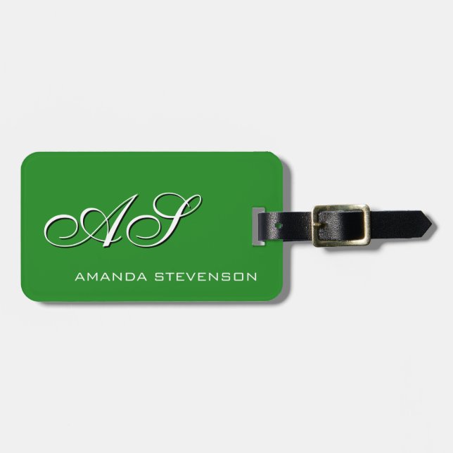 Einzigartiger Forest Green White Script Monogram B Gepäckanhänger (Vorderseite horizontal)