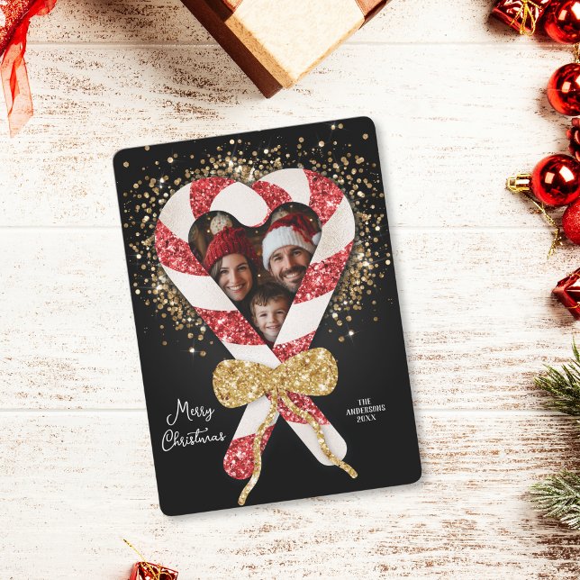 Einzigartiger Glitzer Candy Cane Frame Foto Weihna Einladung (glitter candy cane photo frame christmas card)