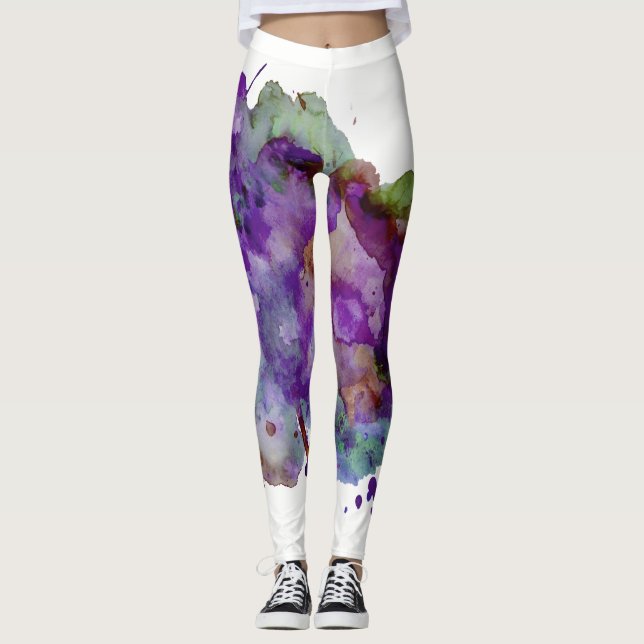 Einzigartiger grün-Lila Wasserfarbenmaler Spritzer Leggings (Vorderseite)