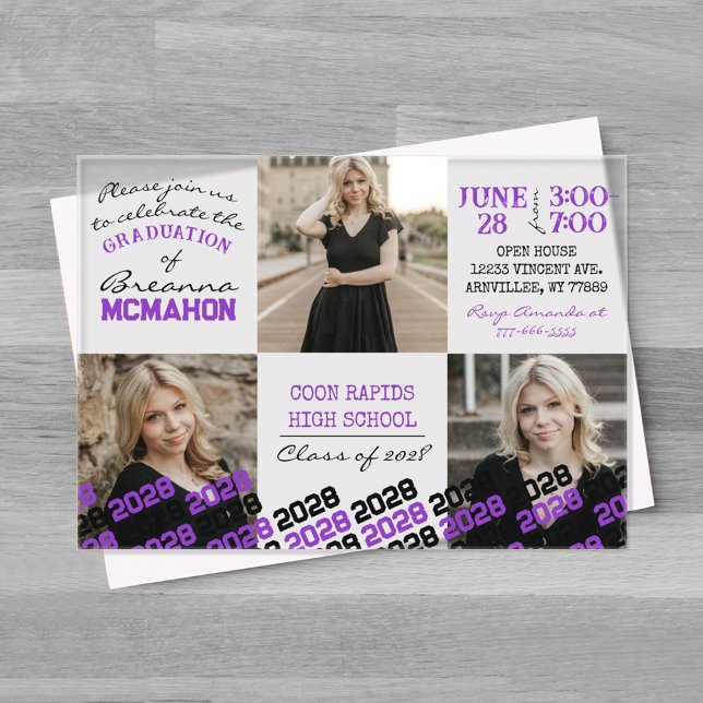 Einzigartiger Lila und schwarzer Abschluss 3 Foto  Acryleinladungen (Unique Purple and Black Graduation Acrylic Party Invitations)