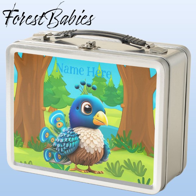 Einzigartiger Niedlicher Whimsical Peacock Bird Ca Metall Brotdose (Peacock, Silver ForestBabies Lunch Box)