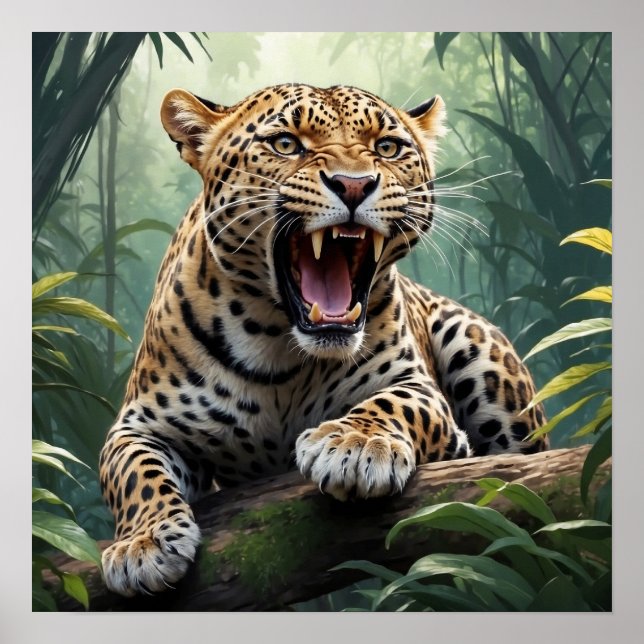 Einzigartiger Roaring Leopard im Dschungel Poster (Vorne)
