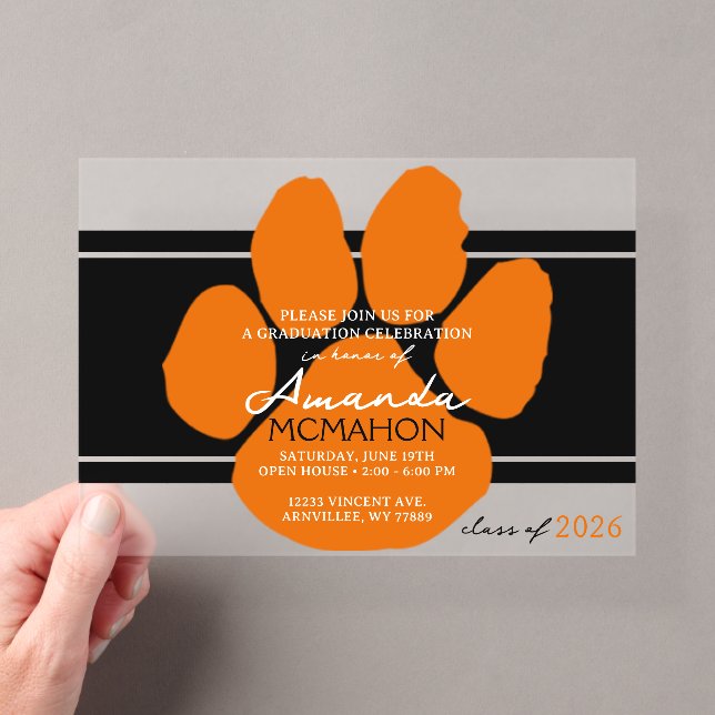 Einzigartiger Schwarz/Orange Abschluss Pawprint El Acryleinladungen (Insitu (Handheld))