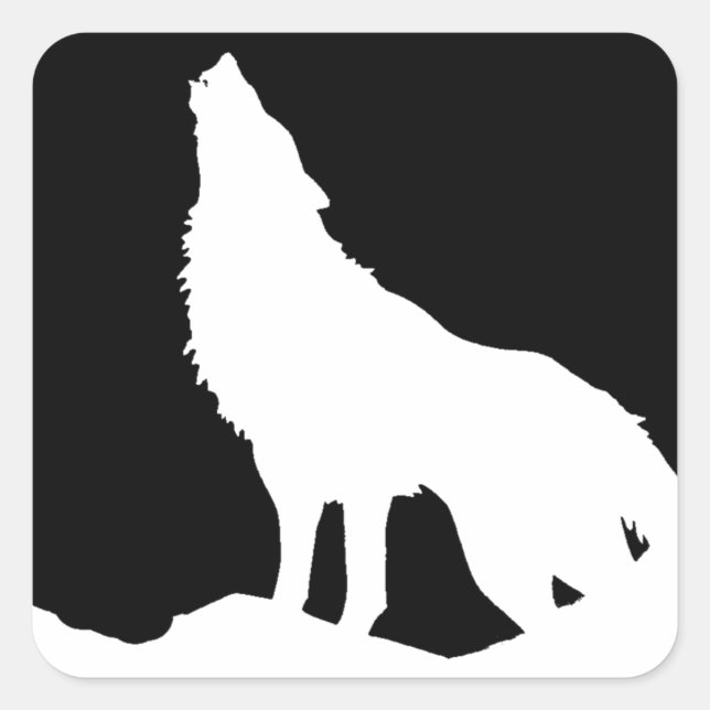 Einzigartiger Schwarz-Weiß-Pop Art Wolf Silhouette Quadratischer Aufkleber (Vorderseite)