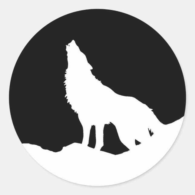 Einzigartiger Schwarz-Weiß-Pop Art Wolf Silhouette Runder Aufkleber (Vorderseite)