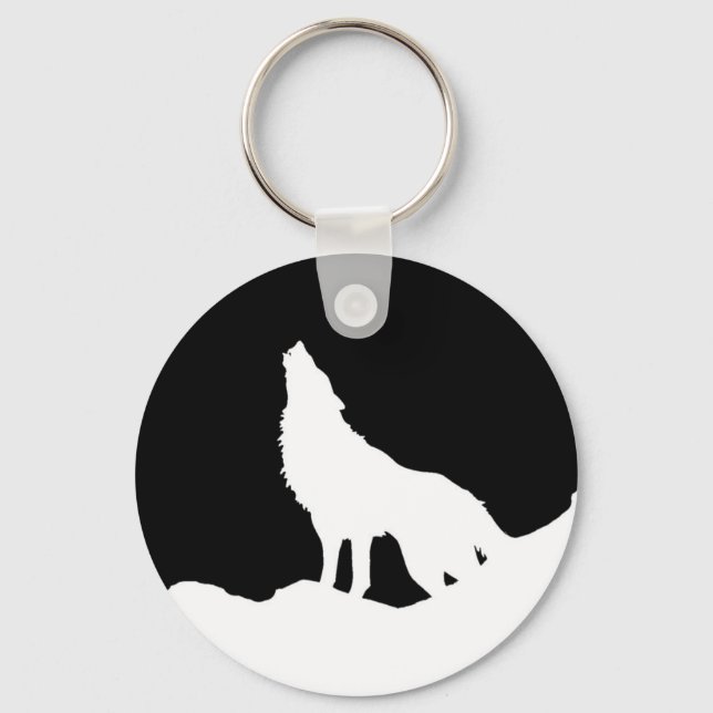 Einzigartiger Schwarz-Weiß-Pop Art Wolf Silhouette Schlüsselanhänger (Vorderseite)