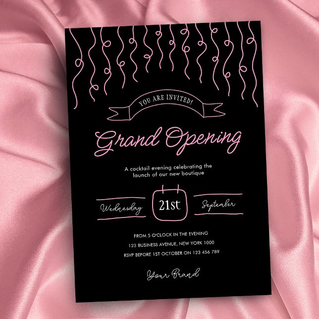 Einzigartiger Start in das Geschäft mit Rosa und S Einladung (Elegant black and pink business opening event invitation with hand drawn line art graphics)