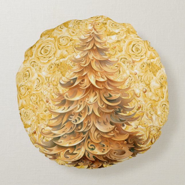 Einzigartiger Weihnachtsbaum auf Gold Rose Rundkis Rundes Kissen (Rückseite)