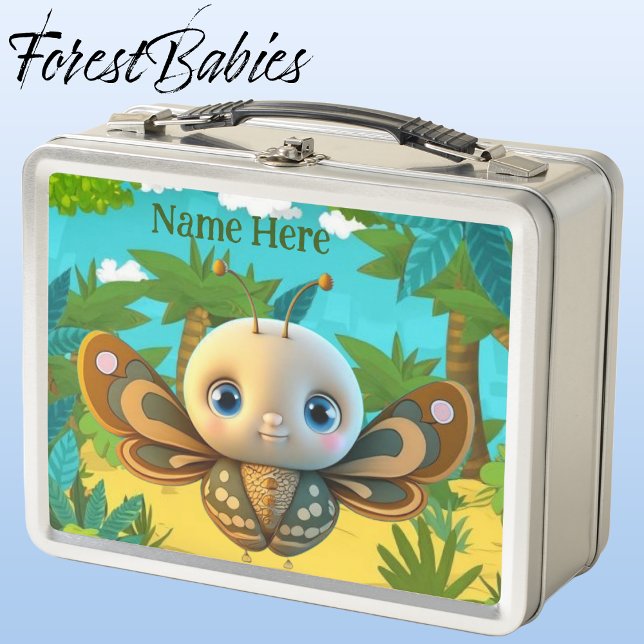 Einzigartiger Whimsical Boy Butterfly Cartoon Grap Metall Brotdose (Butterfly, Silver Customizable ForestBabies Lunch Box)