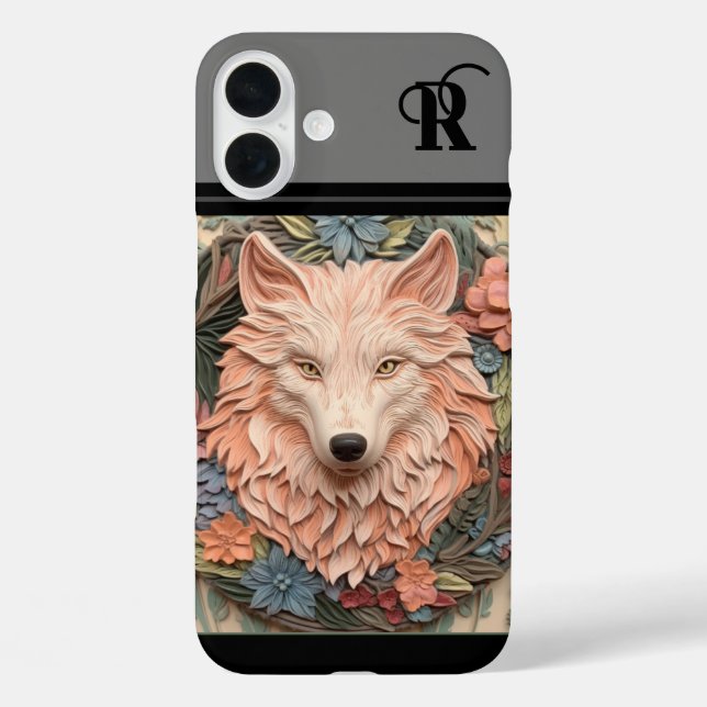 Einzigartiger Wolf und Blume-Monogramm iPhone 16 Plus Hülle (Rückseite)