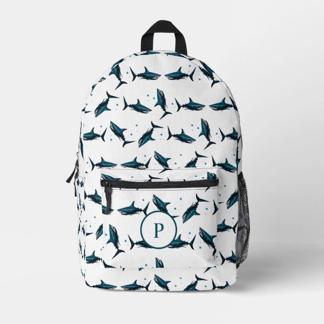 Einzigartiges Aquamarines Haimuster Bedruckter Rucksack (Vorderseite)