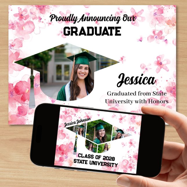 Einzigartiges Aquarellfarben Rosa Flora 7 Foto Abs Ankündigung (Pink Watercolor Floral Graduation Announcement with 7 photos)