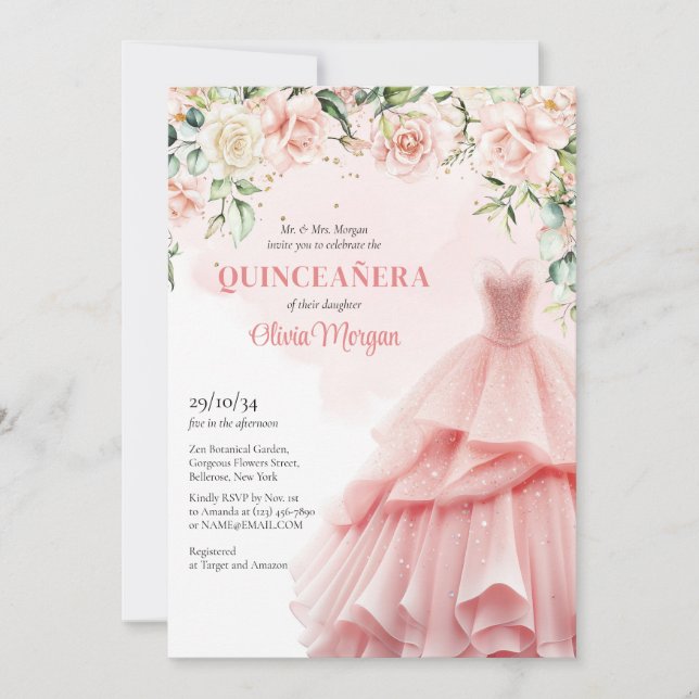 Einzigartiges Aquarellkleid Rosa Blütenrot Einladung (Vorderseite)