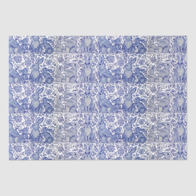 Einzigartiges blaues Kaninchen-Blumenmuster  Seidenpapier (Vorderseite)