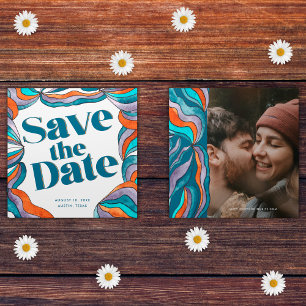 Einzigartiges Bold Boho Groovy Retro Blaues Wellen Save The Date