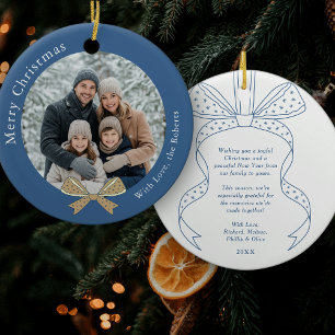 Einzigartiges Bow Christmas Ball Blue Foto Keramik Ornament