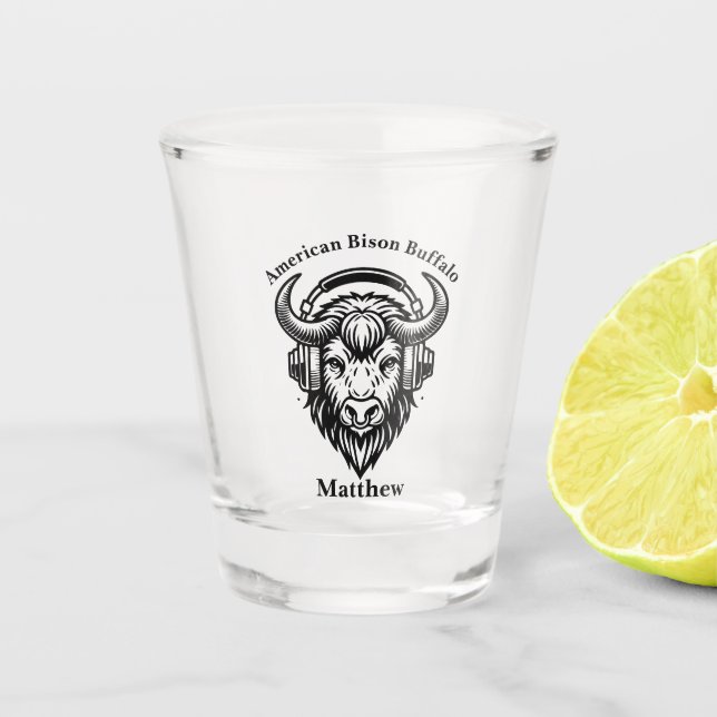Einzigartiges Design eines Bison Wearing-Kopfhörer Schnapsglas (Vorderseite)