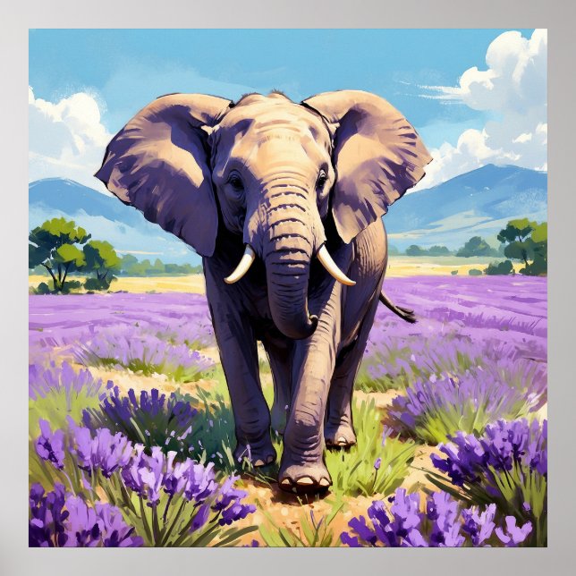 Einzigartiges Elefantenwandern im Lavenderfeldmale Poster (Vorne)
