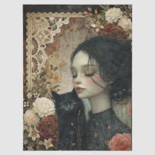 Einzigartiges Elegantes Girl & Black Cat Blumengar Seidenpapier