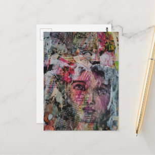 Einzigartiges Gesicht mit farbenfrohen Wörtern in Postkarte