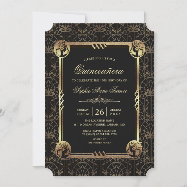 Einzigartiges Gold Gatsby Art Deco Quinceñera Einladung (Vorderseite)