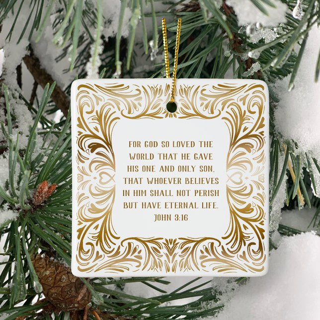 Einzigartiges Goldenes Buch Johannes 3:16 Weihnach Keramikornament (John 3:16 Inspirational Bible verse Christmas ornament in original hand drawn golden design custom)