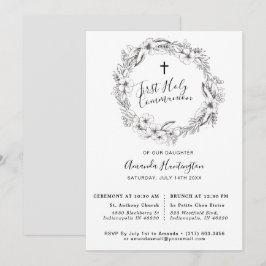 Einzigartiges Grau-Floral Erste Holly-Kommunion Einladung