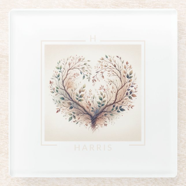 Einzigartiges Herz-Monogramm Glasuntersetzer (Vorderseite)