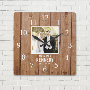 Einzigartiges Hochzeiten Foto Jubiläum Holz Perso Quadratische Wanduhr