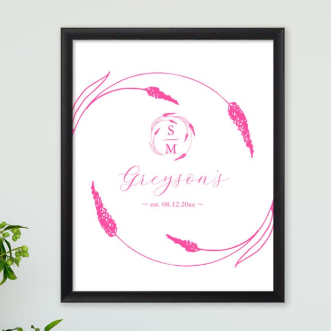 Einzigartiges, lebendiges rosa Hochzeitssymbol und Poster (Pink wedding theme ideas features unique floral line art by Victoria Grigaliunas of Do Tell A Belle)