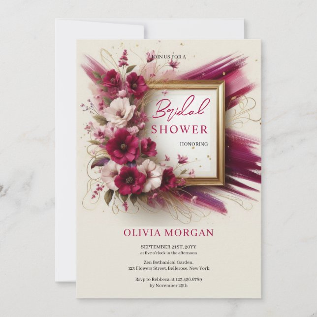 Einzigartiges Magenta-Rosa-Blume Goldrahmen Bridal Einladung (Vorderseite)