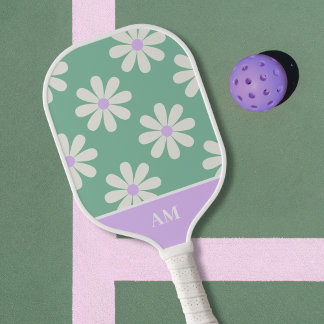 Einzigartiges Retro-Blumen-Monogramm Grün & Lavend Pickleball Schläger