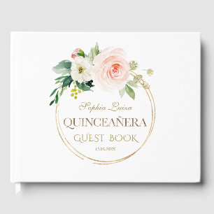 Einzigartiges Rosa Blütenblütengold Quinceñera Gästebuch