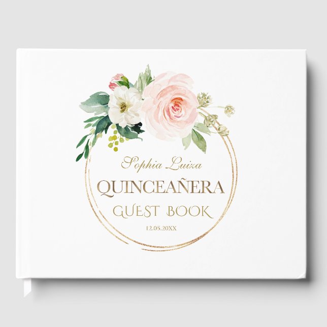 Einzigartiges Rosa Blütenblütengold Quinceñera Gästebuch (Vorderseite)