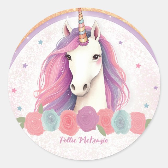 Einzigartiges Rosa Einhorn, Rose, Rainbow Birthday Runder Aufkleber (Vorderseite)