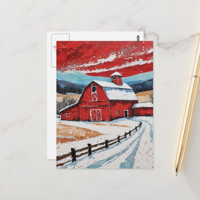 Einzigartiges rotes Winter-Scheunen-Gemälde Postkarte (Vorderseite/Rückseite Beispiel)